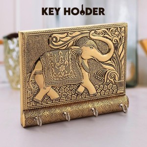 Wooden Key Holder for Home Decor Stylish Metal Gold Antique Elephant Design (1 Pc)